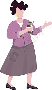 优雅的成年女性 带有热杯平面颜色矢量不露面的角色 白人中年女士手持便携式金属咖啡杯孤立卡通插图用于网页图形设计动画图片