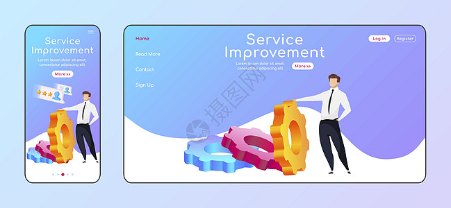 服务改进自适应登陆页面平面颜色矢量模板 高评级移动和 PC 主页布局 斜倚着齿轮一页网站 UI 的人  CRM软件网页跨平台设计图片