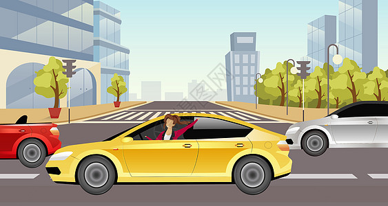 女孩驾驶轿车平面彩色矢量图 黄色汽车 2D 卡通人物中的快乐女士 背景为城市景观 有个人交通工具的年轻微笑的妇女 城市交通图片