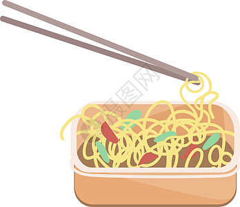 面条用筷子卡通矢量图 塑料容器中的速食食品平面颜色对象 外卖晚餐 方便的产品 孤立在白色背景上的自制意大利面图片