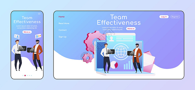 团队效率自适应登陆页面平面颜色矢量模板 员工保持笔记本电脑移动和 PC 主页布局 团队合作一页网站用户界面  CRM系统网页跨平图片