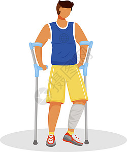 拄着拐杖的男人扁平的颜色矢量不露面的性格 身体伤害 骨折腿石膏 肌肉扭伤的绷带 卫生保健 康复孤立的卡通它制作图案图片