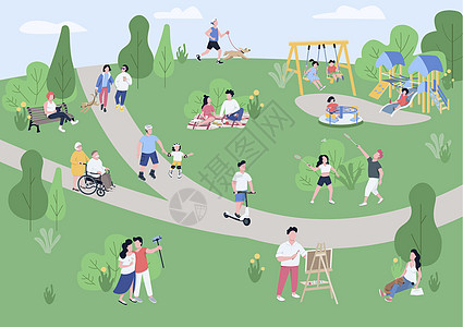 国家公园游客平面彩色矢量插图 人们享受夏季休闲活动的孩子们在操场上玩 2D 卡通人物 背景上有绿树成荫的草坪和小径图片