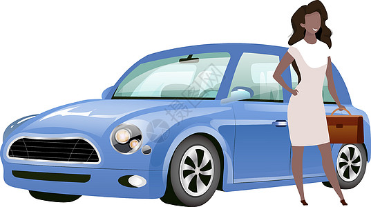 站在汽车旁的女商务人士平面颜色矢量不露面的角色 非洲裔美国妇女拿着公文包靠近迷你库珀孤立的卡通插图 用于网页图形设计和动画图片