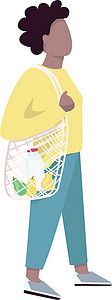 具有可重复使用的网格平面颜色矢量不露面字符的女性 非洲裔美国顾客购物者使用生态绳手提包隔离卡通插图进行网页图形设计和动画图片