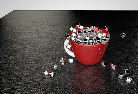 金属立方体填充一个红色杯子 用黑色纸质表格 3D 插图图片