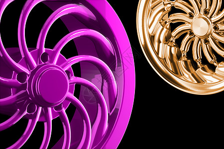 黑色背景3d插图中孤立的抽象铬运动车轮 (以黑色背景3D插图)图片