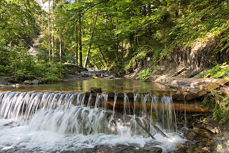 喀尔巴阡山脉山流瀑布的瀑布溪流森林叶子石头流动苔藓林地灌木丛运动急流图片