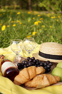 草地上用羊角面包 粉红葡萄酒 草帽 黄边的葡萄食物日落柳条假期瓶子闲暇饮料庆典酒杯地毯图片