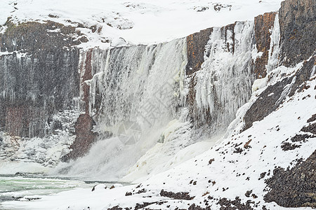 Snaedevofos瀑布 冰岛公园白色岩石水平风景旅行下雪图片