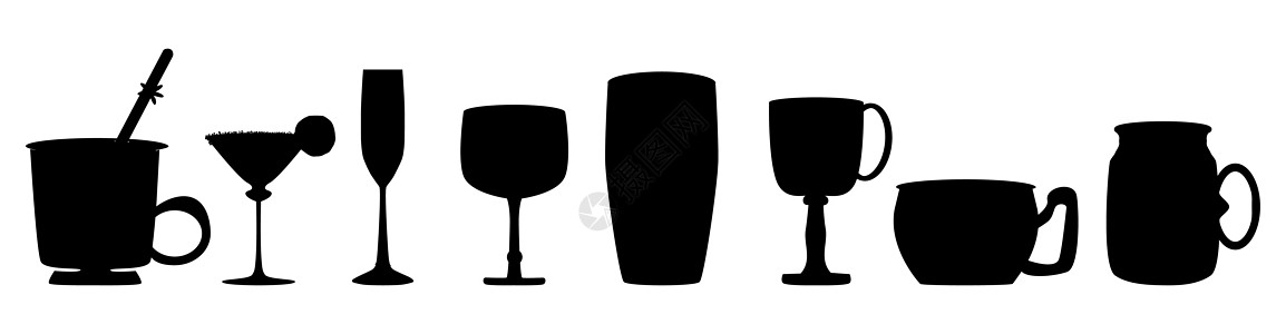 一组黑色剪影酒杯和杯子 用于在白色背景下隔离的不同饮料图片