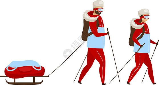 徒步旅行队平面彩色矢量插图 有雪橇越野行走的背包客 探险家徒步旅行 北极考察团 白色背景上的女人和男人孤立的卡通人物图片