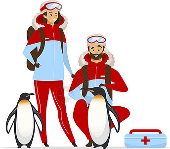 北极动物救援平面彩色矢量插图 女性和男性兽医 帝企鹅家庭医疗救助 白色背景上的人和动物孤立的卡通人物背景图片