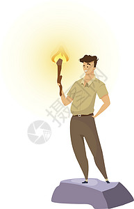 Explorer 平面彩色矢量插图 拿着火炬的男性冒险家 站着火炬的人 冒险者微笑 卡其色制服的开拓者 白色背景上的旅游孤立卡通图片