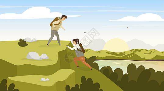 攀登组平面矢量图 徒步旅行者夫妇在山上 峰顶的男人和女人 在河小河的日出 全景景观场景 旅游团卡通人物图片