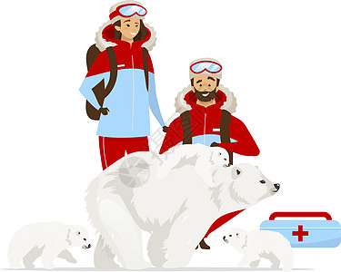 动物救援平面彩色矢量插图 女性和男性兽医 白色北极熊家庭医疗帮助 有幼崽的哺乳动物 白色背景上的人和动物孤立的卡通人物图片