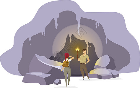 洞穴平面矢量图中的探险家 老山内的探险队 拿着火炬站着的人 女人观察隧道 远古洞穴之旅 游客卡通人物图片