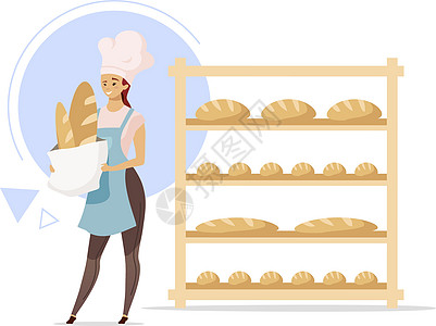 女贝克平面彩色矢量插图 摆着烘焙产品的货架旁边的女人 面包生产 烤店 食品工业 厨师帽的女孩 白色背景上的孤立卡通人物图片