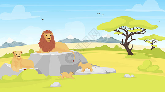 萨凡纳景观平面矢量图 狮子躺在岩石上的非洲环境 有树木和生物的野生动物园 保护公园 南方动物卡通人物图片