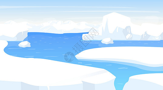 南极平面矢量图 与冰山边缘的南极景观 有海洋的白色雪全景土地 极地寒冷的场景 北欧表面 冰霜峡湾 阿拉斯加州 北极卡通背景背景图片