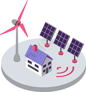 可再生能源等距彩色矢量图解 环保电源 智能家居太阳能电池板和风车无线遥控 3d 概念隔离在白色背景上图片