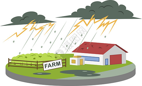 农场卡通矢量图中的雷暴 雷电交加 大雨和冰雹 极端的天气条件 灾害 白色背景上孤立的平面颜色自然灾害图片