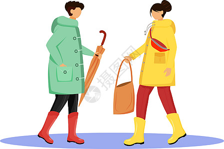 穿着雨衣的人扁平的颜色矢量不露面的角色 穿着胶靴行走的白种人 下雨天 带雨伞的男人和带手提包的女孩在白色背景上孤立的卡通插图图片