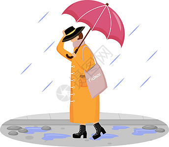 穿着雨衣的女人扁平的颜色矢量不露面的角色 戴着帽子走路的白人女士 下雨天 穿高跟鞋的时尚女士 白色背景上带雨伞的女性孤立卡通画图片