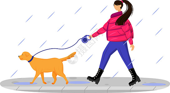 穿大衣的女人扁平的颜色矢量不露面的角色 白人女士在雨中遛狗 下雨天 潮湿的天气 穿着靴子的时尚女性在白色背景上孤立的卡通插图图片