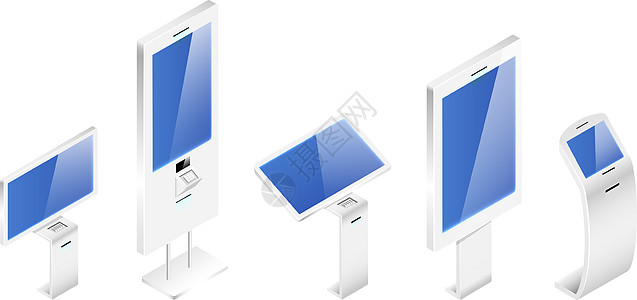数字信息板等距矢量插图集 银行终端平面颜色对象 在白色背景下隔离的现代交互式自助服务亭 独立式建筑图片