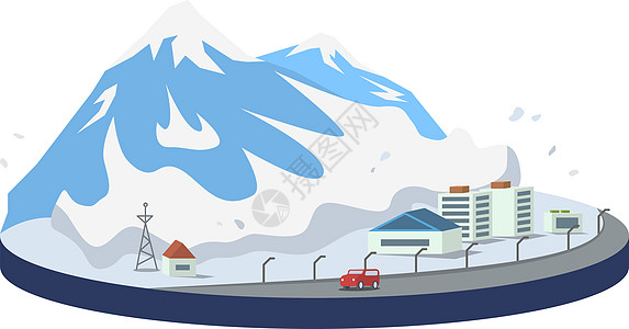 城市卡通矢量图中的雪崩 雪落在山腰上 雪滑雪滑场景 山区降雪 破坏现象 孤立在惠特上的平面颜色自然灾害背景图片