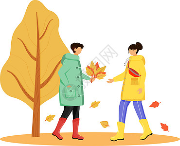 穿着雨衣的人扁平的颜色矢量不露面的角色 穿着靴子的白种人夫妇 秋天的性质 下雨天 男性与生活在手孤立的卡通插图在白色背景图片