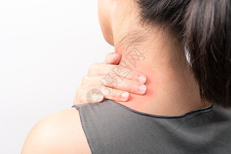 女性颈部和肩部疼痛受伤 红色亮点卫生保健女孩背痛压力肩膀皮肤手指痛苦身体图片