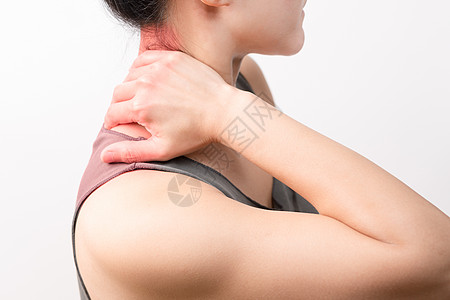 女性颈部和肩部疼痛受伤 红色亮点身体皮肤脖子肌肉药品保健治疗痛苦脊柱手指图片