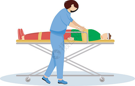 护理人员与受伤的病人在担架平面矢量图案上图片