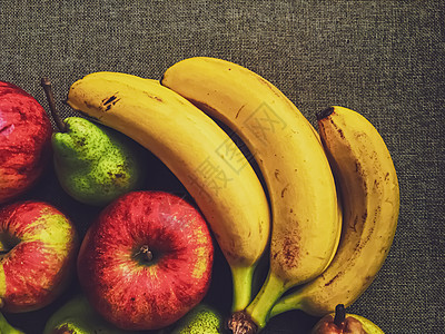 生皮面的有机苹果 梨子和香蕉食物小吃黄色农民水果农场热带饮食亚麻乡村图片