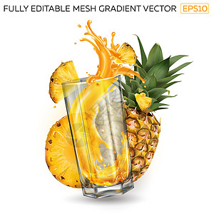 杯子里的果汁和白色背景的菠萝广告厨房餐厅热带维生素玻璃液体饮料奶昔食谱图片