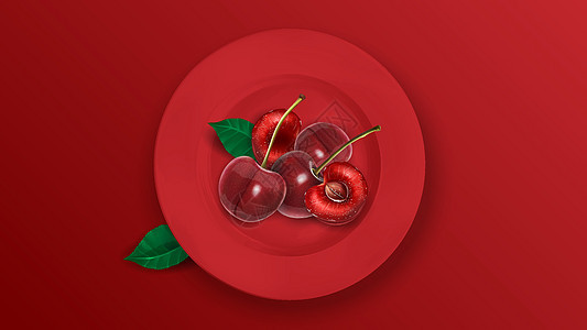 红盘子上美味多汁的樱桃图片
