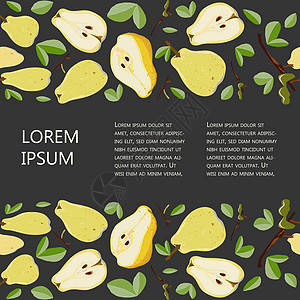 整个和切片的梨子无缝水平边框 在黑色上复制空间矢量图解段落措辞插图剪贴簿作品叶子食物水果饮食种子图片