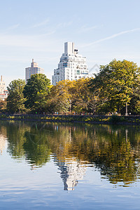 杰基奥纳西斯水库建筑学反射蓝色风景城市反思场景公园树木图片