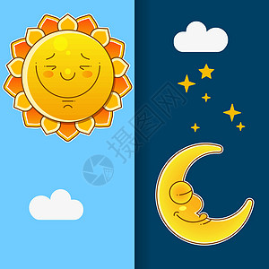 白天和黑夜的矢量图解 日夜概念Sun 和 Moo时间绘画新月卡通片蓝色天空插图圆圈网络艺术图片
