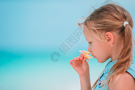 可爱的小女孩 在夏日闻着花朵的香味童年女儿女孩生活香气喜悦玫瑰叶子园艺露天图片