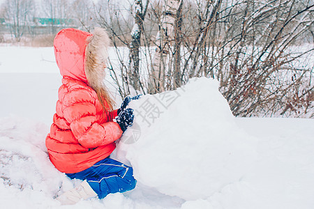 在阳光明媚的冬天天下雪时 可爱小女孩的肖像毛皮森林外套童年公园幸福孩子微笑夹克兜帽图片