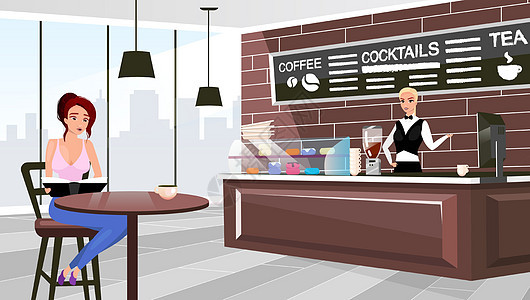 坐在餐桌旁的咖啡店访客平面矢量插图 卡通咖啡师在柜台等待客户订单 时髦的都市餐厅内部 有男士的时尚黑板背景图片