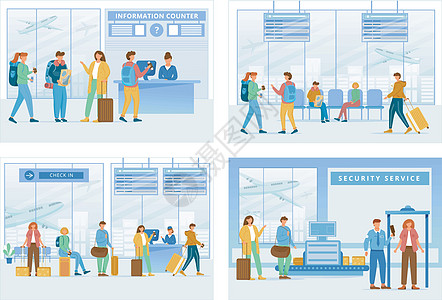 机场区域平面矢量插图集 咨询柜台休息区登记保安服务 航站楼的旅客 人们通过检查步骤卡通人物图片