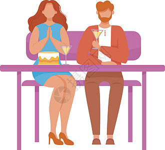 生日庆典平面矢量图 男人和女人有聚会 餐厅的周年庆典 一对夫妇在餐桌旁享用甜点鸡尾酒 白色背景上孤立的卡通人物图片