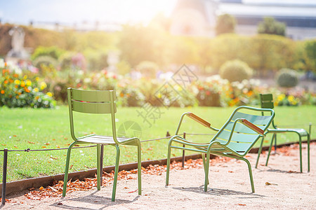 法国巴黎Tuileries花园传统绿色椅子法国巴黎公园阳光城市风景晴天雕塑雕像橙子黄色池塘背景图片