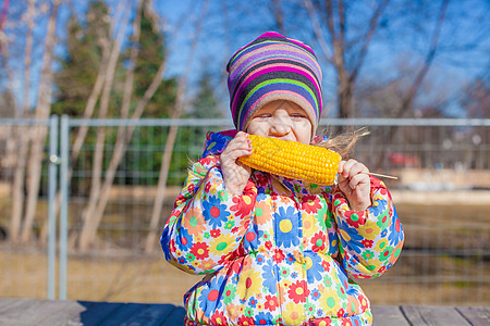 可爱的小女孩 在户外吃玉米种子金子粮食女性公园午餐小吃转基因烹饪童年图片