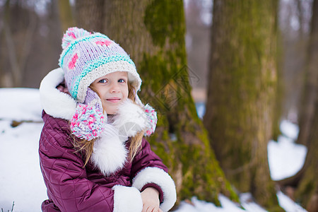 可爱的快乐小女孩 在冬天雪天玩得开心童年乐趣外套微笑公园手套婴儿天气雪花季节图片