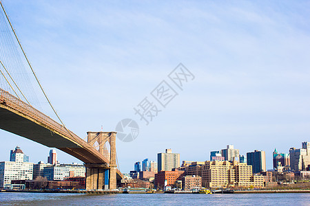 东河的布鲁克林大桥 从纽约市来看 黑白两面全景历史性摩天大楼景观旅行天空日出蓝色市中心旅游图片